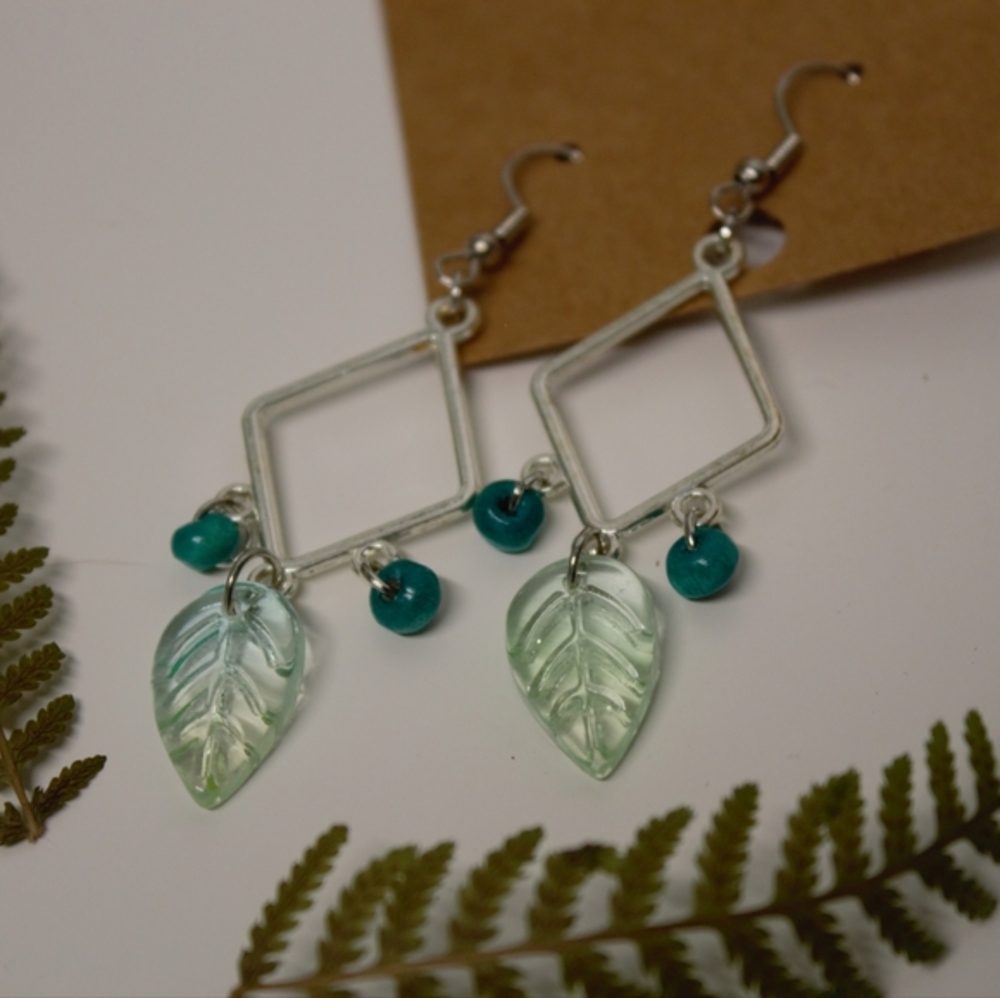 Handmade Silver and Green Leaf Dangle Earrings - Hypoallergenic